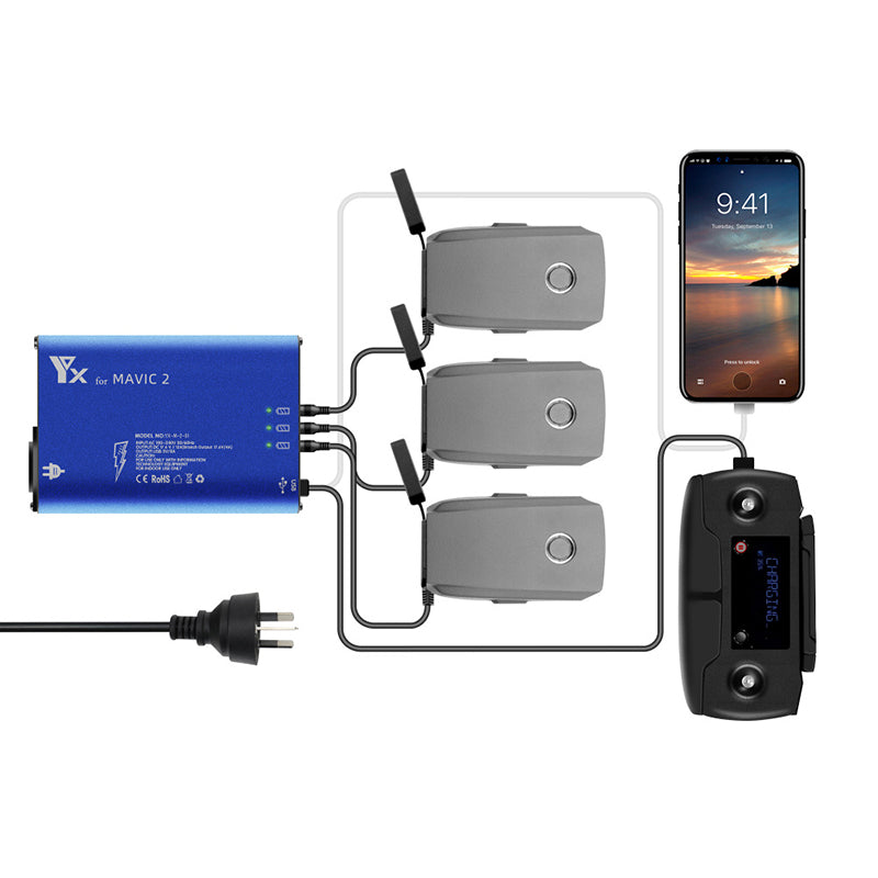 YX 5-in-1 Smart Charger for DJI Mavic 2 Drone Battery Charger Remote Control Phone Charging Hub YX 5-in-1 Smart Charger for DJI Mavic 2 Drone Battery Charger Remote Control Phone Charging Hub